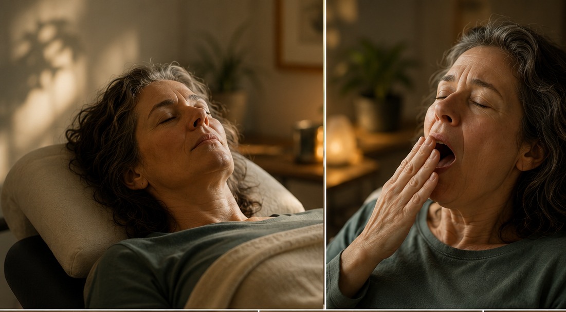 Une femme assise dans la lumière, respirant calmement, comme si son corps retrouvait progressivement de l’espace