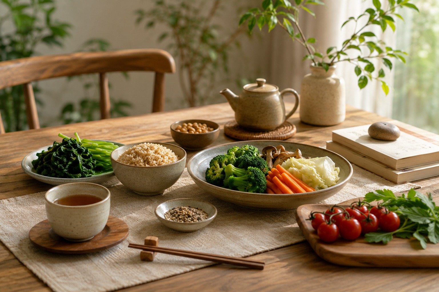 Table calme avec du thé, des céréales et des légumes dans une lumière naturelle