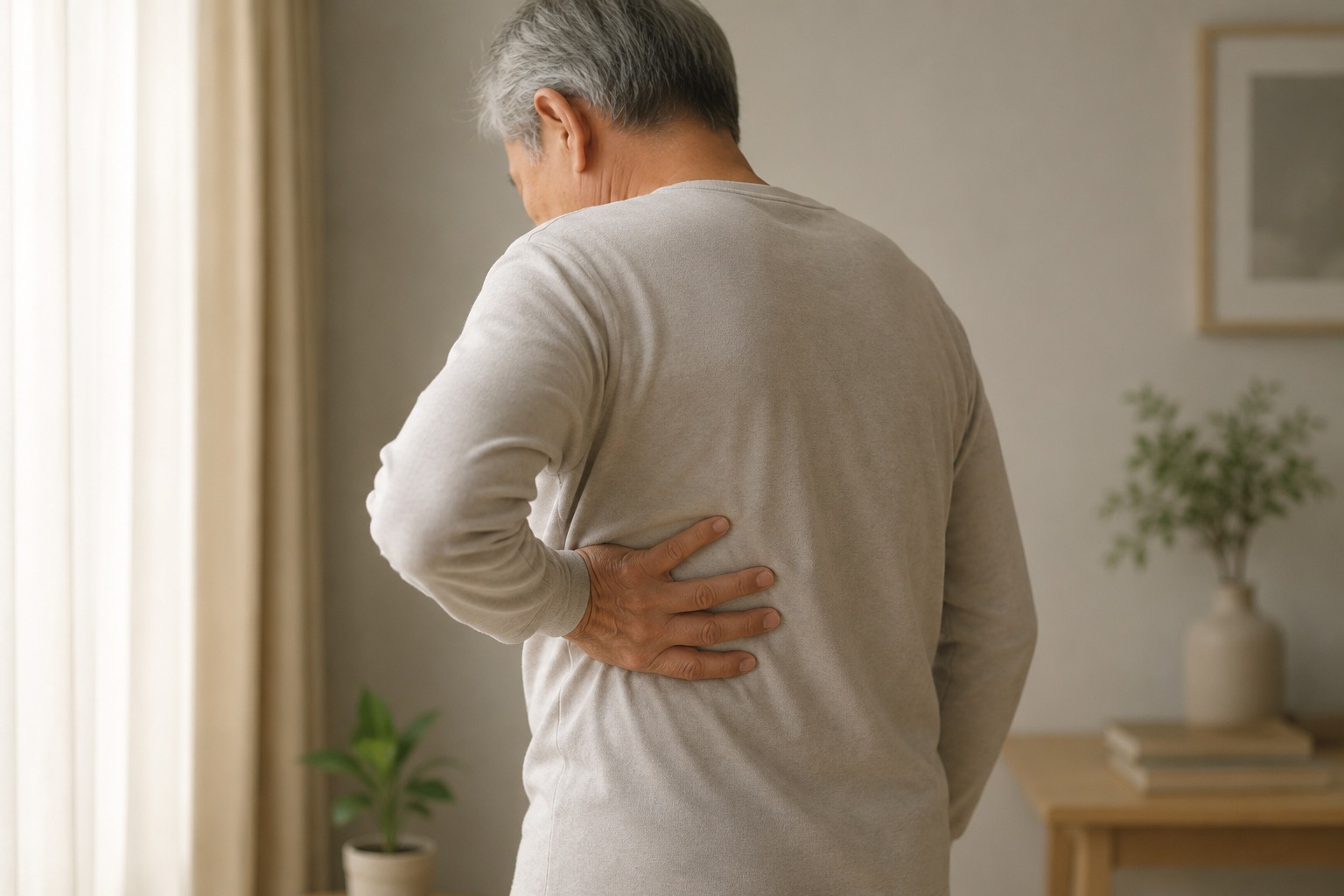 Personne touchant doucement le côté du thorax après un zona, dans une atmosphère calme