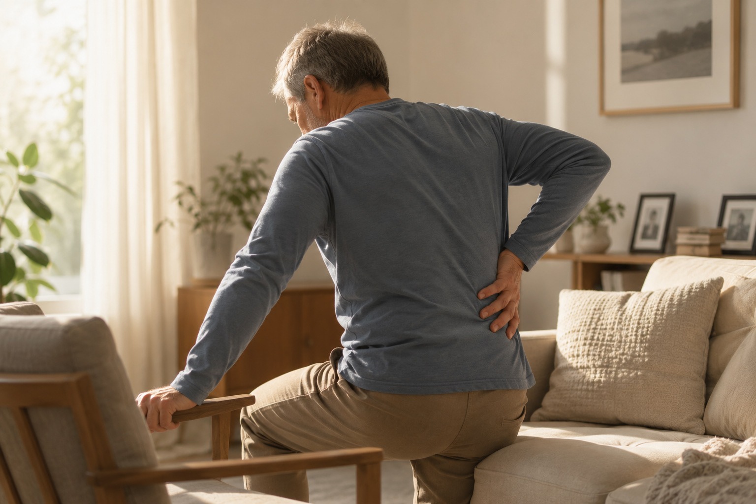Homme d’âge mûr près d’une fenêtre, une main posée sur le thorax et l’autre sur l’abdomen, attentif à sa respiration
