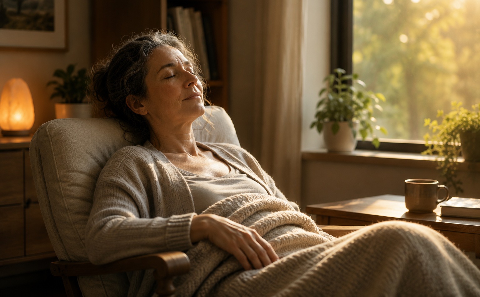 Une femme assise dans un fauteuil, respirant calmement dans une lumière douce