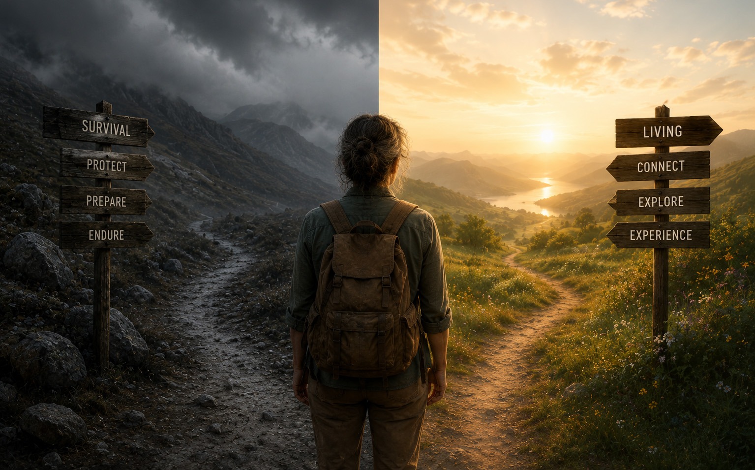 Une femme assise face à un paysage lumineux, dans un moment de calme entre survie et retour à la vie